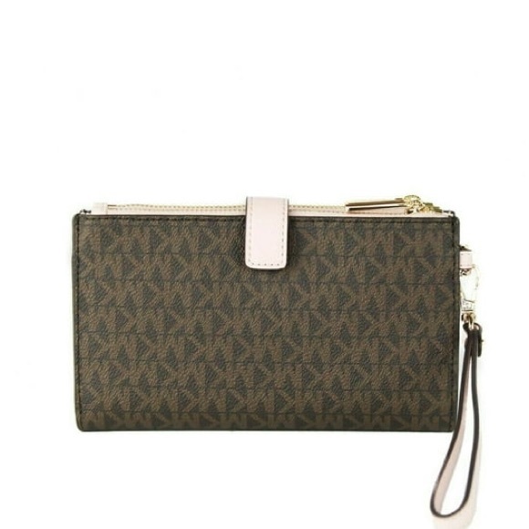 Michael Kors Jet Set Logo Large Double Zip Wristlet Wallet (Brown/Powderblush - Picture 3 of 10